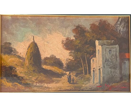 Dipinto olio su tela raffigurante paesaggio con figure ed architetture.