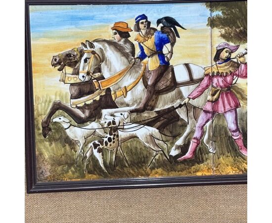 Antique ceramic tile panel showing knights by Franceschini Pesaro ZG, 1950. Dimensions: 103x43cm