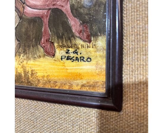 Antique ceramic tile panel showing knights by Franceschini Pesaro ZG, 1950. Dimensions: 103x43cm