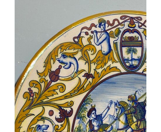 Antique Luster Plate by Paolo Rubboli, Gualdo Tadino, late 19th century, Battle scene, 39 cm