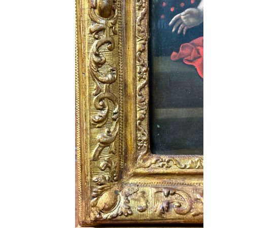 Oil painting on panel "Sacred Image of the Child with Garland of Flowers" - Early 19th century