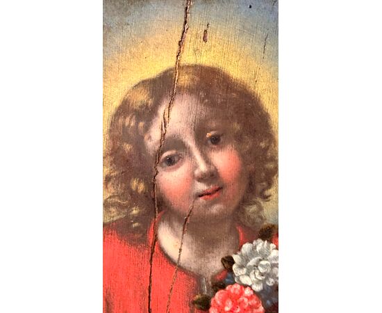 Oil painting on panel "Sacred Image of the Child with Garland of Flowers" - Early 19th century