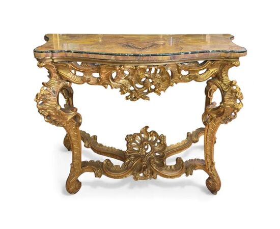 
Consolle Luigi XV Romana in Legno Dorato e Marmo Giallo Antico