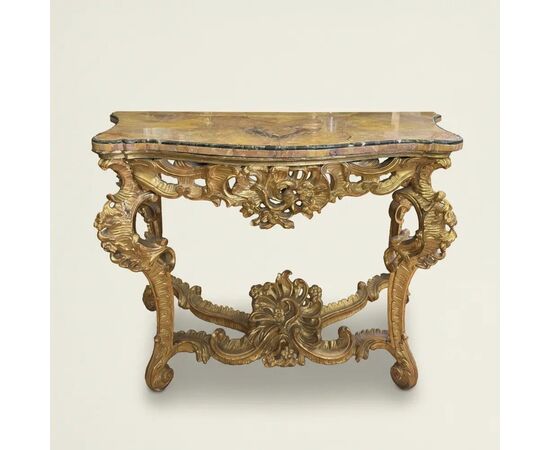 
Consolle Luigi XV Romana in Legno Dorato e Marmo Giallo Antico
