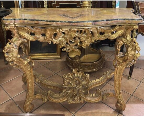
Consolle Luigi XV Romana in Legno Dorato e Marmo Giallo Antico