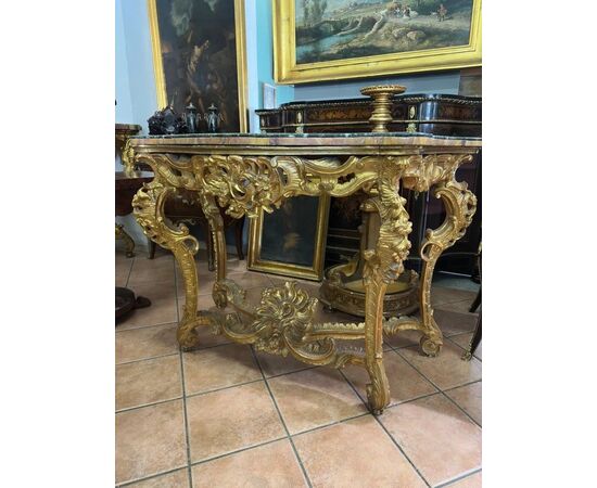 
Consolle Luigi XV Romana in Legno Dorato e Marmo Giallo Antico