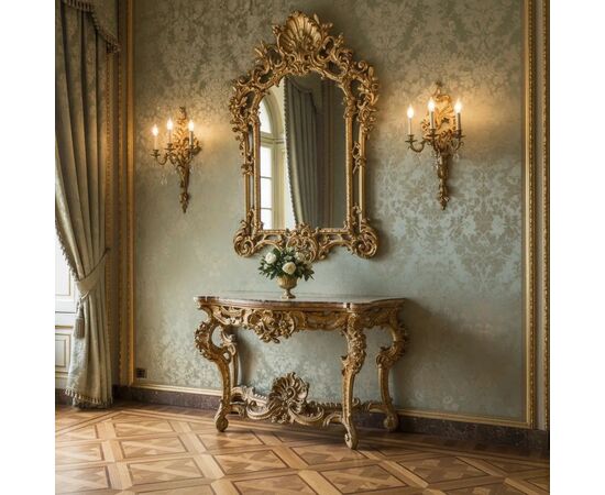 
Consolle Luigi XV Romana in Legno Dorato e Marmo Giallo Antico
