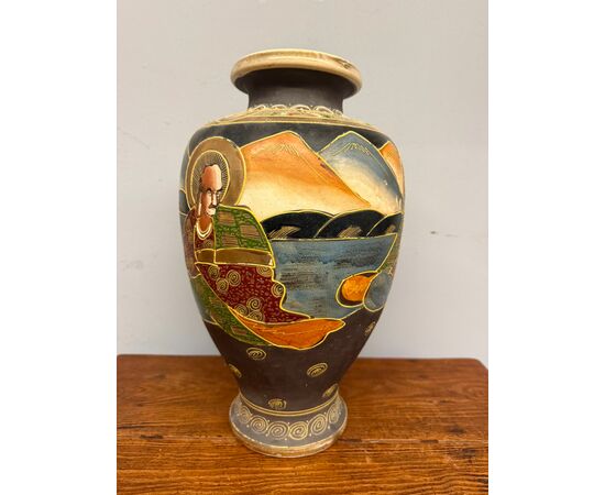Antico vaso Giappone Satsuma '900 con personaggi, 38x25cm