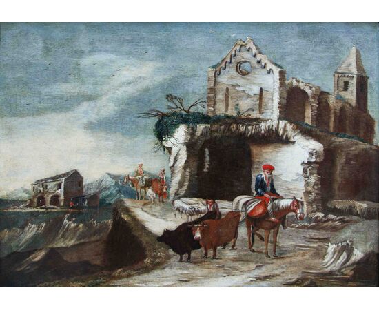 Antonio Travi detto il Sestri (Sestri Ponente, 1608 - Genova, 1665), Paesaggio con rovine, contadini e pastori