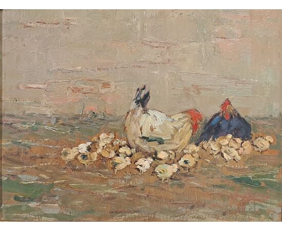 " SCENA RURALE CON GALLINE E PULCINI" - GIOVANNI LOMI (1889 - 1969)