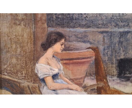 YOUNG WOMAN SITTING WITH WHEELBARROW - ADOLFO TOMMASI (1851 - 1933)