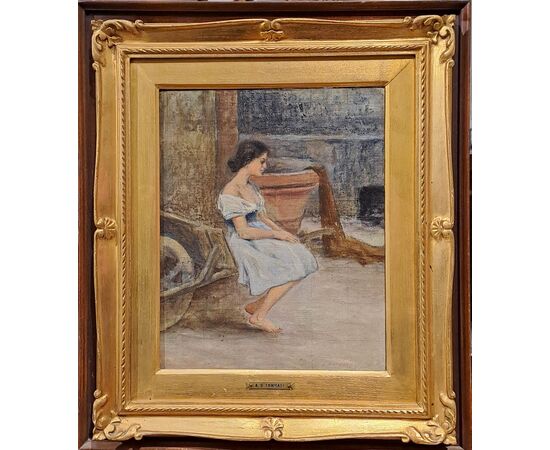 " GIOVANE DONNA SEDUTA CON CARRIOLA" - ADOLFO TOMMASI (1851 - 1933)