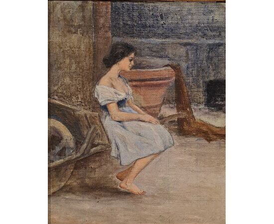 YOUNG WOMAN SITTING WITH WHEELBARROW - ADOLFO TOMMASI (1851 - 1933)