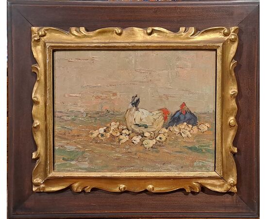 " SCENA RURALE CON GALLINE E PULCINI" - GIOVANNI LOMI (1889 - 1969)