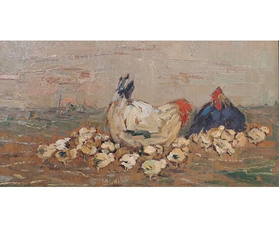 " SCENA RURALE CON GALLINE E PULCINI" - GIOVANNI LOMI (1889 - 1969)