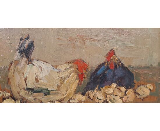 " SCENA RURALE CON GALLINE E PULCINI" - GIOVANNI LOMI (1889 - 1969)