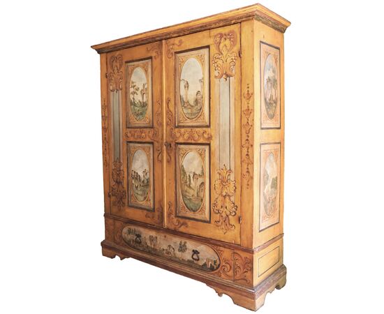 Armadio in legno dipinto a festoni e capricci architettonici, Marche, XVIII secolo