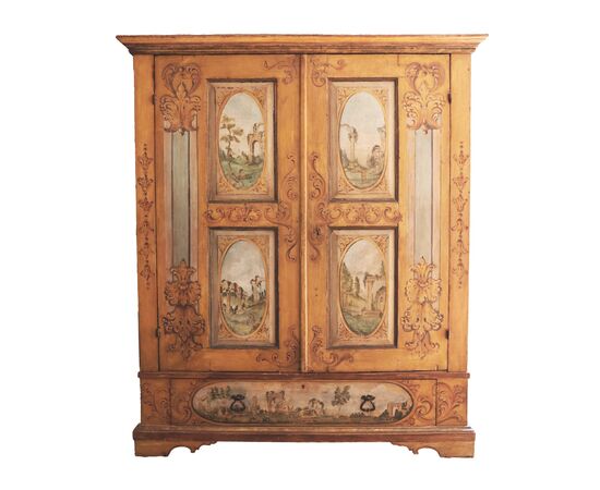 Armadio in legno dipinto a festoni e capricci architettonici, Marche, XVIII secolo