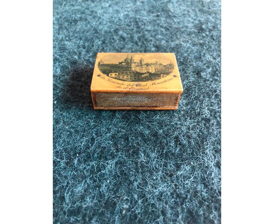 Wooden matchbox with decoration depicting the Escorial monastery in Madrid. Spain     