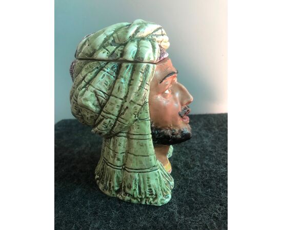 Earthenware tobacco box depicting a head with a turban. England     