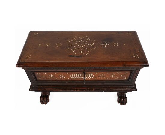 Carved walnut wood chest, bone inlays, Italy, 17th century