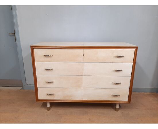 Piccolo comò cassettone art decò rivestito in pergamena anno 1940