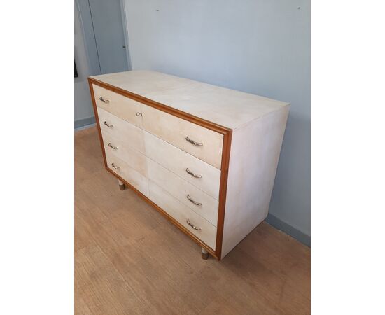 Piccolo comò cassettone art decò rivestito in pergamena anno 1940