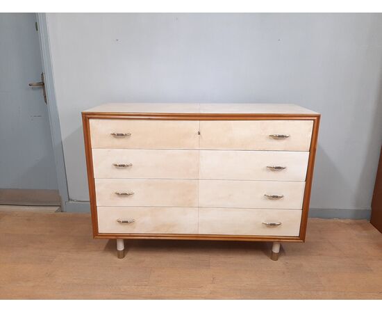 Piccolo comò cassettone art decò rivestito in pergamena anno 1940