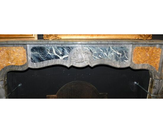 chm638 - gray, blue and yellow marble fireplace, cm l 151 xh 114     