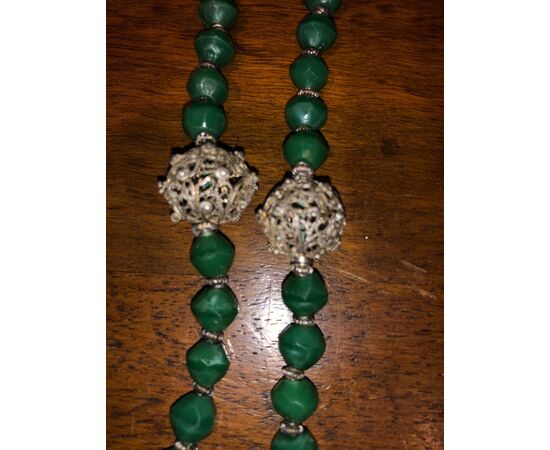 Green agate rosary, silver filigree and enamel.     