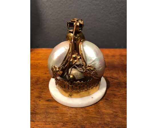 Brass and mother of pearl bell with alabaster base. France.     