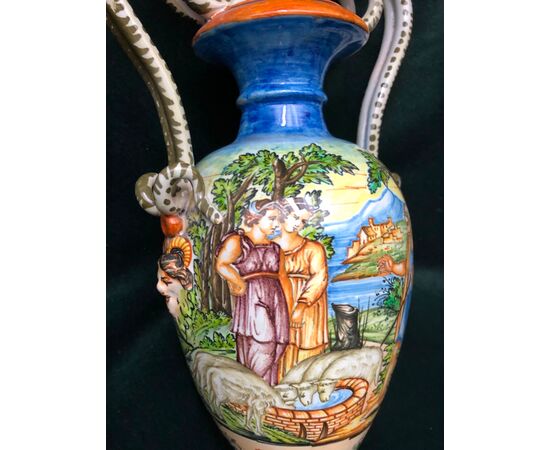 Majolica vase with historiated decoration, Molaroni manufacture, Pesaro.     