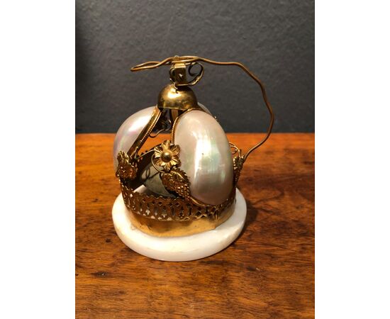 Brass and mother of pearl bell with alabaster base. France.     