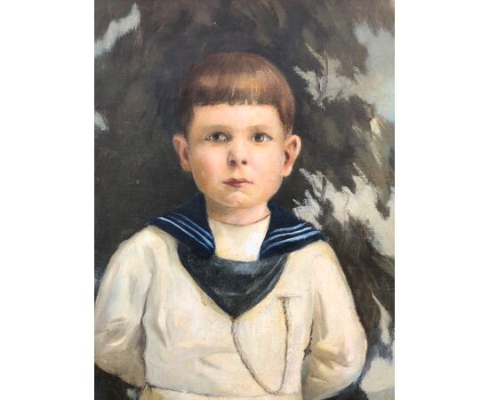 Dipinto olio su tela raffigurante fanciullo vestito alla marinara.Firmato.
