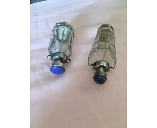Pair of silver, crystal and lapis perfume holders     