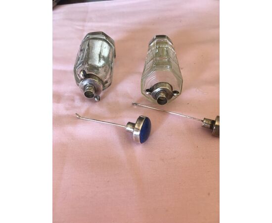 Pair of silver, crystal and lapis perfume holders     