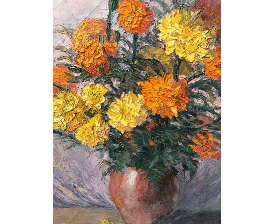 Oil painting on canvas depicting still life with vase of flowers. Signed. France.     