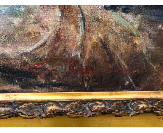 Dipinto olio su tela raffigurante paesaggio marinaro.Firmato.