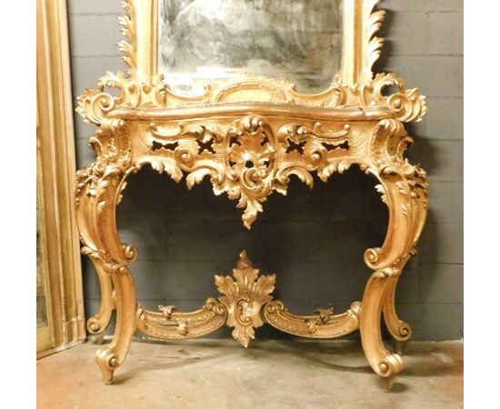 specc255 - golden mirror and console with marble top, h 359 xl 160     