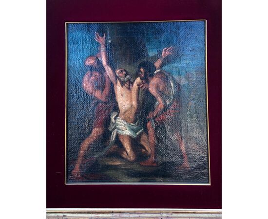 Oil painting on canvas with depiction of martyrdom.     