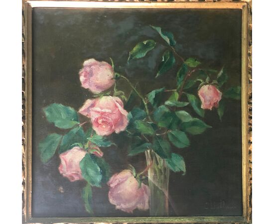 Dipinto olio su tela raffigurante vaso con fiori.Forma C.Bollani”