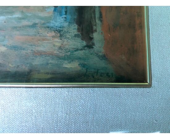Dipinto olio su tavola con figure e veranda.Firma: Arturo Tosi.