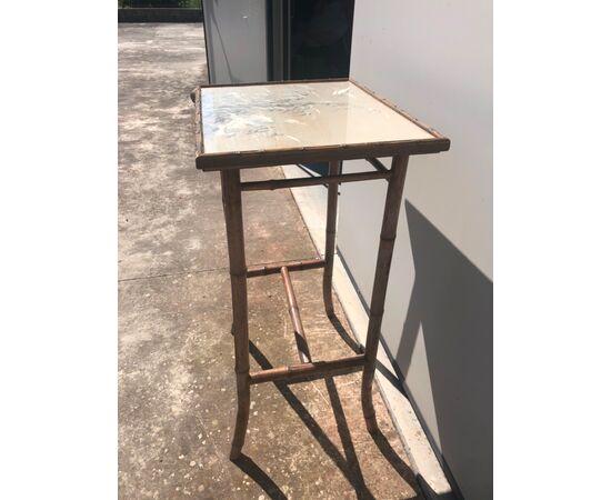 Bamboo coffee table with top covered in silk embroidered with the representation of herons. China.     