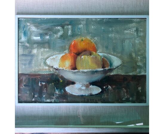 Oil painting on canvas depicting vase with fruit. Signed Tugnoli.     