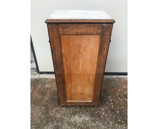 Walnut bedside table with one drawer and door with fake briar veneer drawers. Marble top. France.     