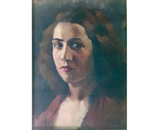 Oil painting on cardboard depicting a female figure. Signature: Massa.     