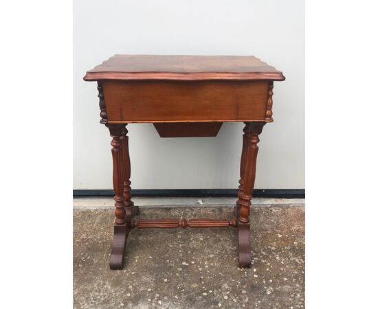 Mahogany work table with feather veneered top. Luigi Filippo period.     