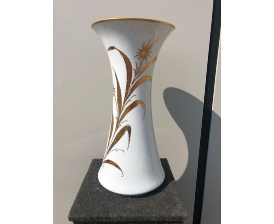 Large trumpet vase in German porcelain hand painted in Italy with gold floral decoration. Signed.     
