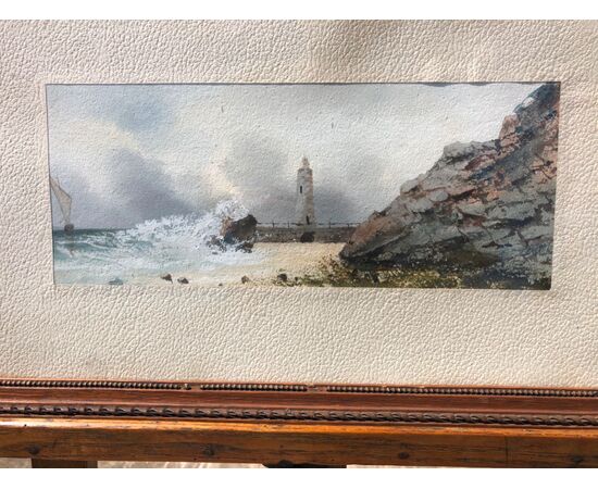 Dipinto a tempera su carta con scena marina.Francia.