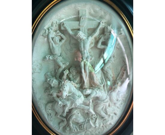 Bas-relief in sea foam (magnesite) depicting crucifixion. France.     